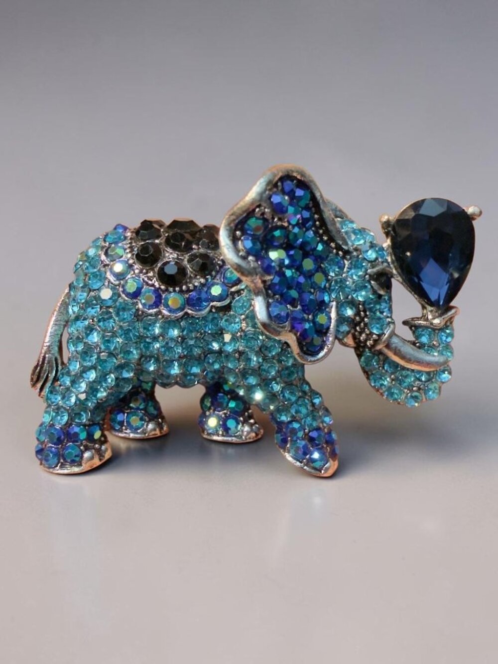 Elephant Brooch Blue Rhinestone Figural Pin – 2.25” Long